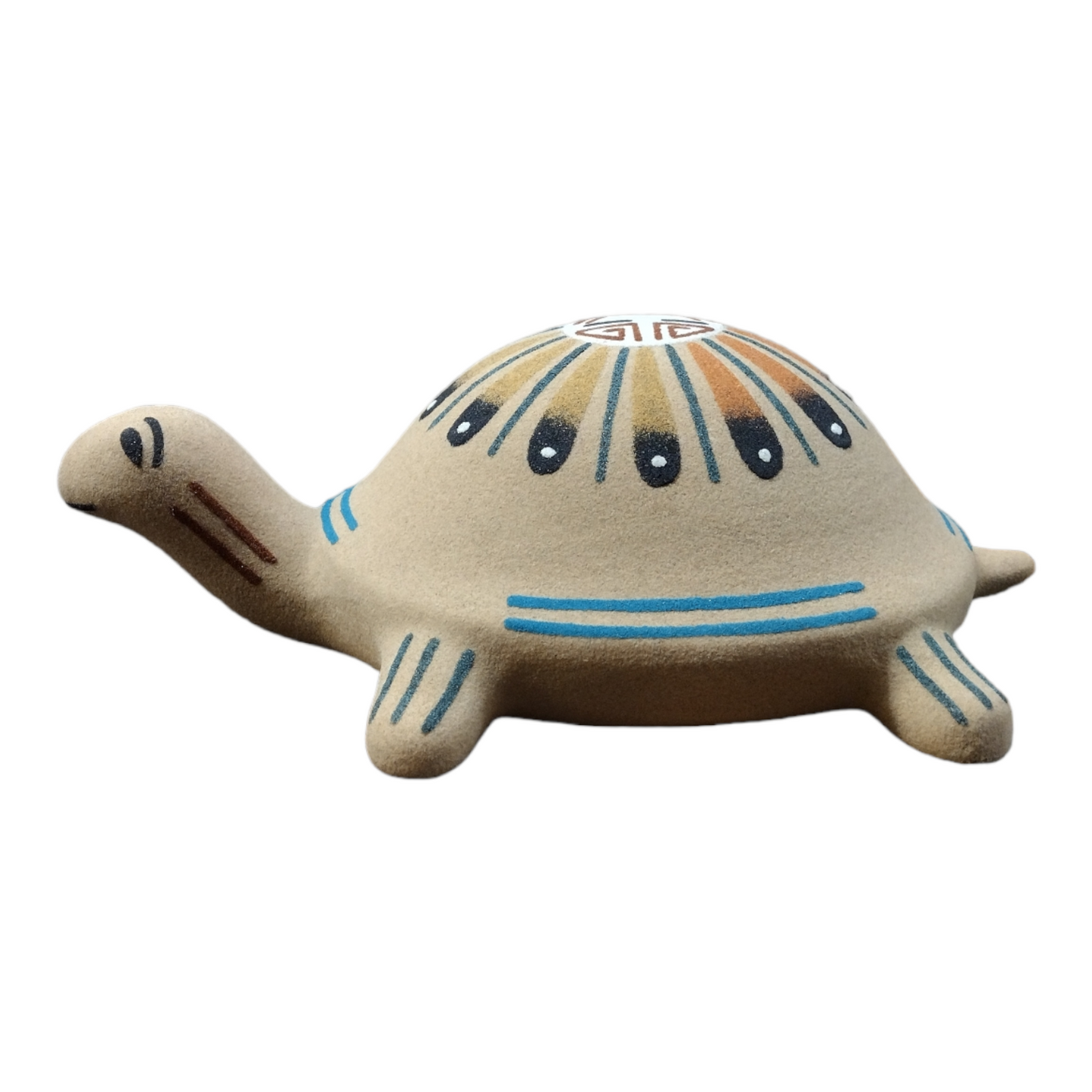 Handmade Medium Native American Navajo Sand Painted Turtle Pottery with Sun Face Design