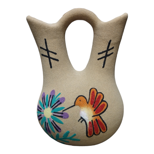 Handmade Large Double Sided ￼Native American Navajo Sand painted Wedding Vase Pottery With Hummingbird Design ￼