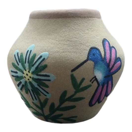 Handmade Medium Native American Navajo Pottery With 2 Sided Hummingbird Design