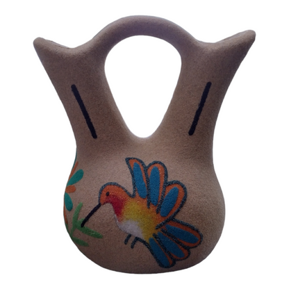 Handmade Small Native Navajo American Sand painted Wedding Vase Pottery with Double Hummingbird Design.