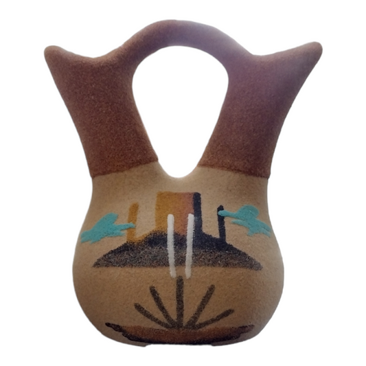 Handmade Small Native Navajo American Sand painted Wedding Vase Pottery with Double Mountain Design.