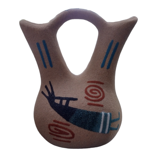 Handmade Small Native Navajo American Sand painted Wedding Vase Pottery Kokopelli/Bear Claw .