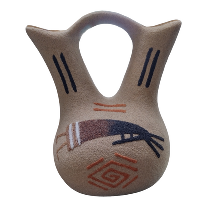 Handmade Small Native Navajo American Sand painted Wedding Vase Pottery with Double Kokoplli Design.