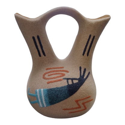 Handmade Small Native Navajo American Sand painted Wedding Vase Pottery with Double Kokoplli Design.