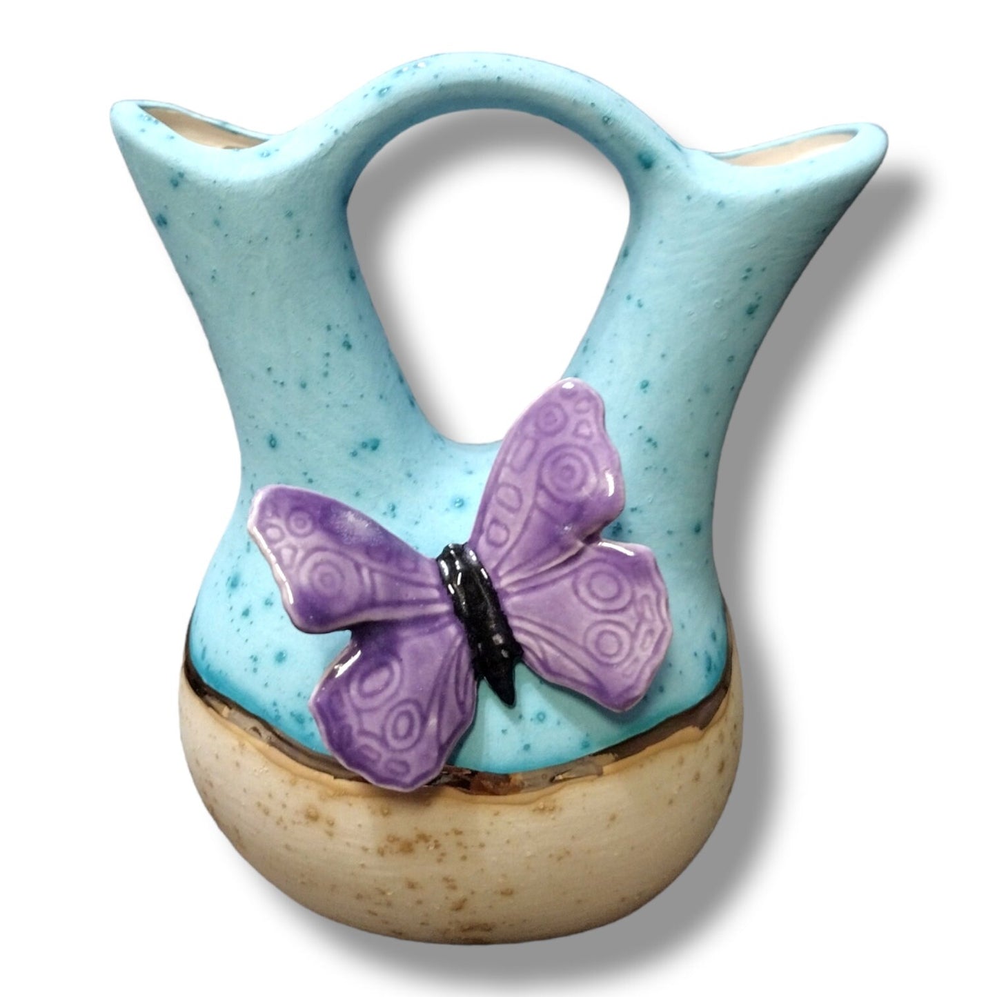 Handmade Small Blue/Light Brown 3d Purple butterfly Design Wedding Vase Pottery