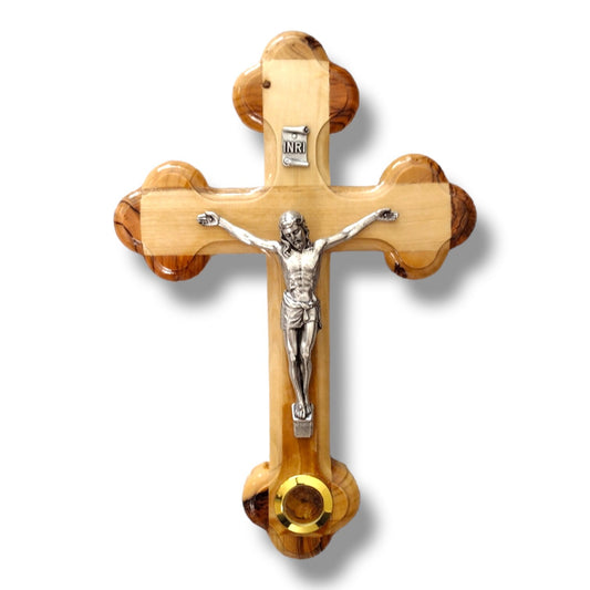 Medium Hand Carved Olive Wood Cross With Crucifix & Bethlehem Essence.