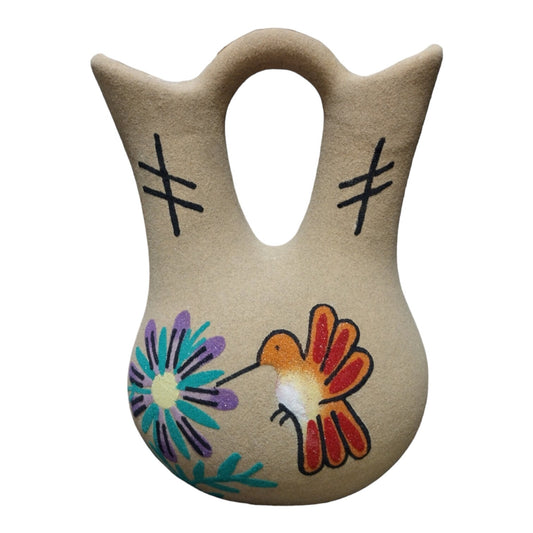 Handmade Large Double Sided Native American Navajo Sand painted Wedding Vase Pottery With Hummingbird Design