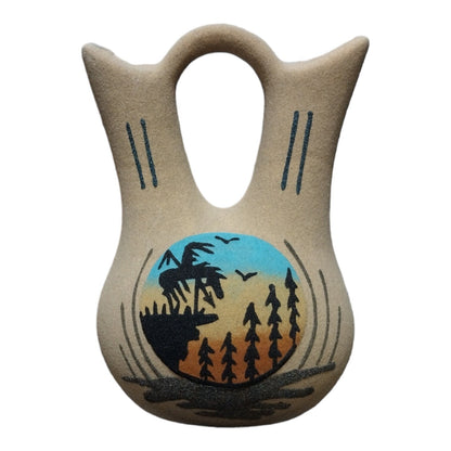 Handmade Medium Native Navajo American Sand painted Wedding Vase Pottery with End Of The Trail/ Bear Design