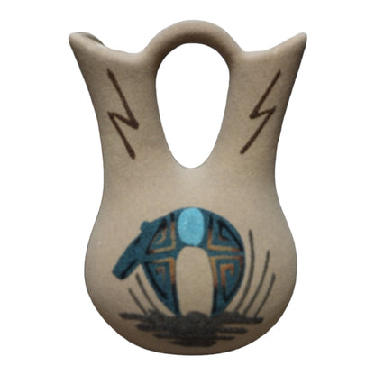 Handmade Medium Native Navajo American Sand painted Wedding Vase Pottery with End Of The Trail/ Bear Design