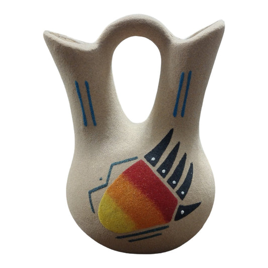 Handmade Medium Native Navajo American Sand painted Wedding Vase Pottery Bear/ Bear Claw Design