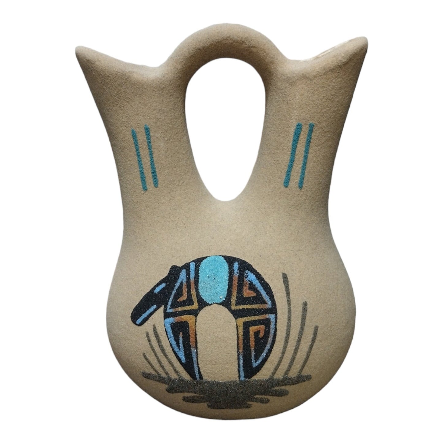 Handmade Large Native American Navajo Sand painted Wedding Vase Pottery With Sunface/Bear Design