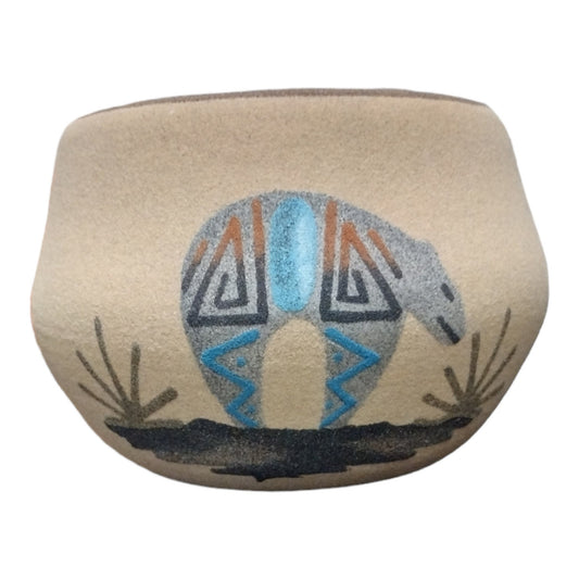 Handmade Medium Native American Navajo Wide Pottery with Bear Design