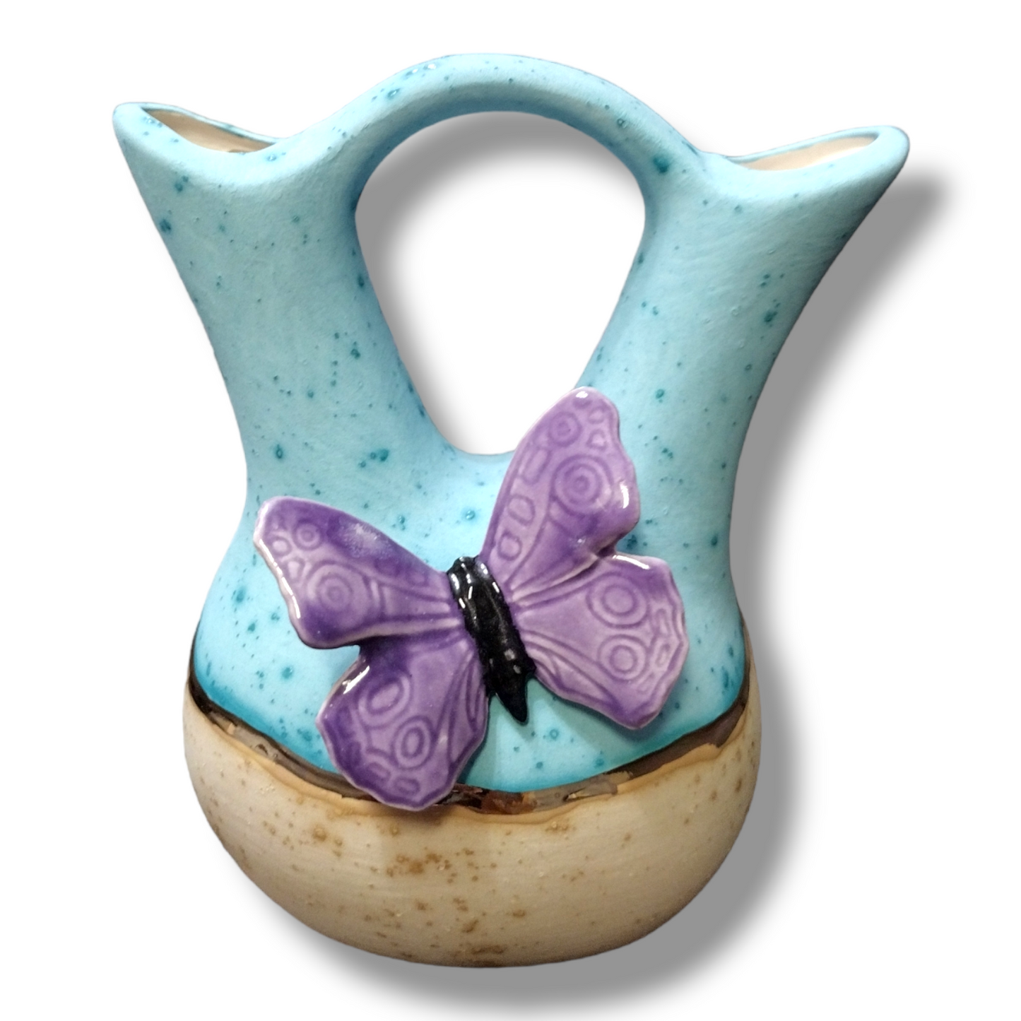 Handmade Small Blue/Light Brown 3D Purple butterfly Design Wedding Vase Pottery